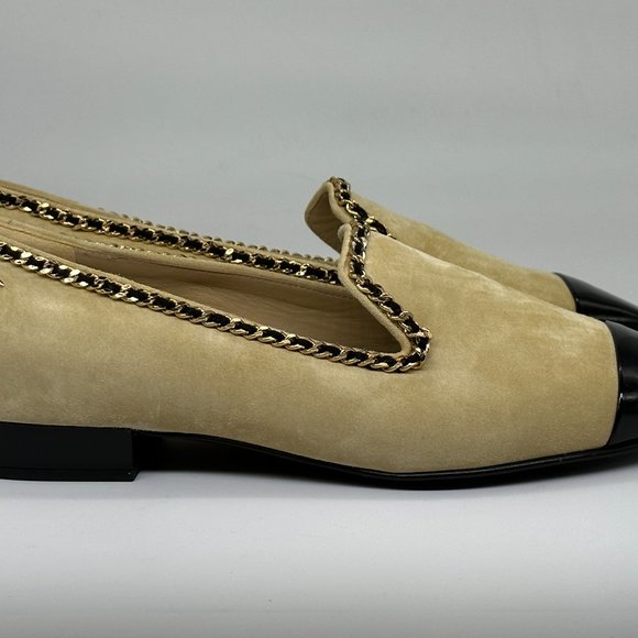 CHANEL 21A Suede Patent Cap Toe Chain Trim CC Loafers Flat Shoes - Picture 7 of 16
